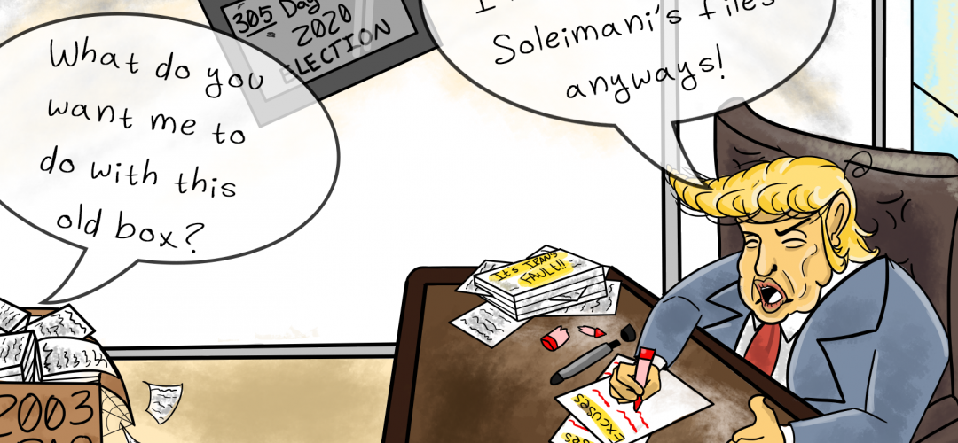 political cartoon of Trump in office telling someone to throw away 2003 Iraq files